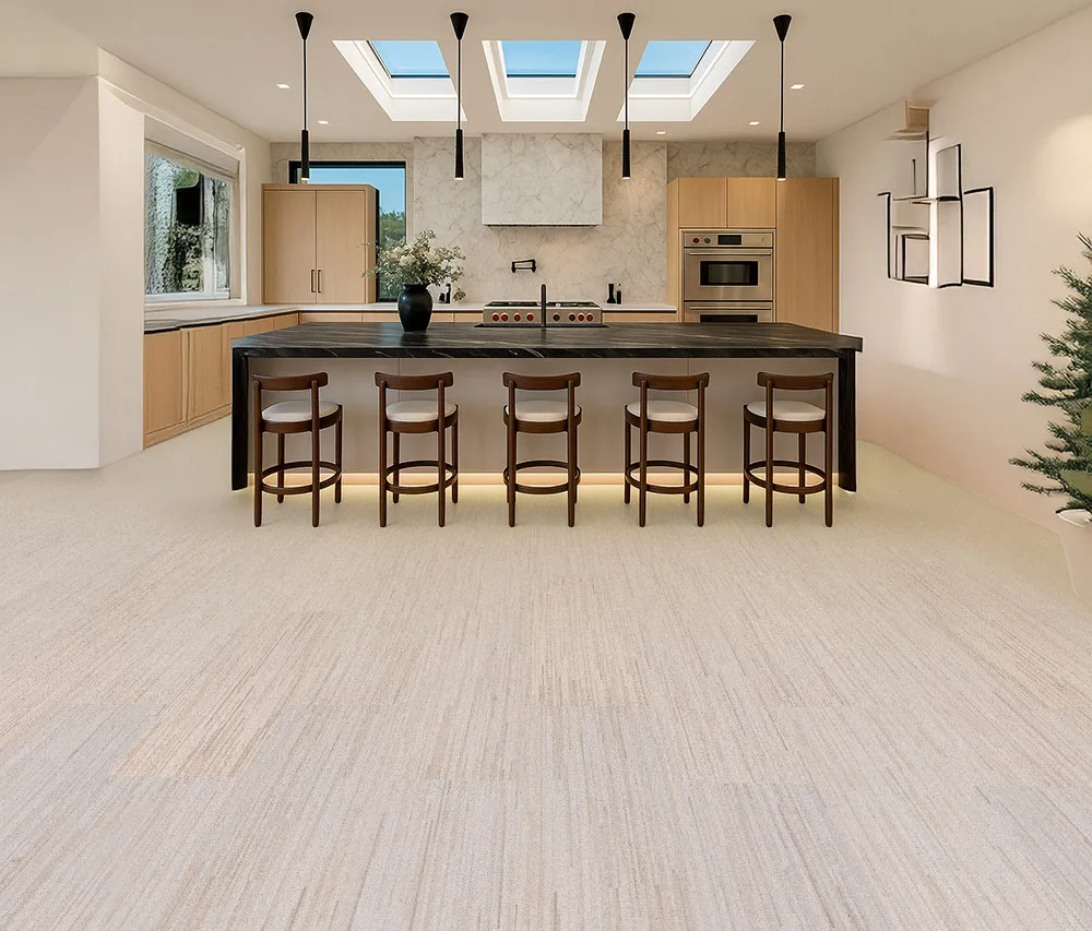 Vertical - 7/16&Quot; (11Mm) - Swiss Real Cork Floating (Fvtc11) Modern Kitchen With Skylights And Natural Wood Cabinets Featuring Vertical Swiss Cork Flooring In Light Beige Tones For A Warm, Sustainable, And Elegant Interior