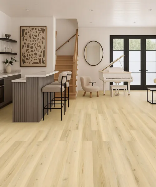 Modern living room featuring Alpine Pinewood Swiss Design cork flooring with bright natural tones and elegant contemporary decor.