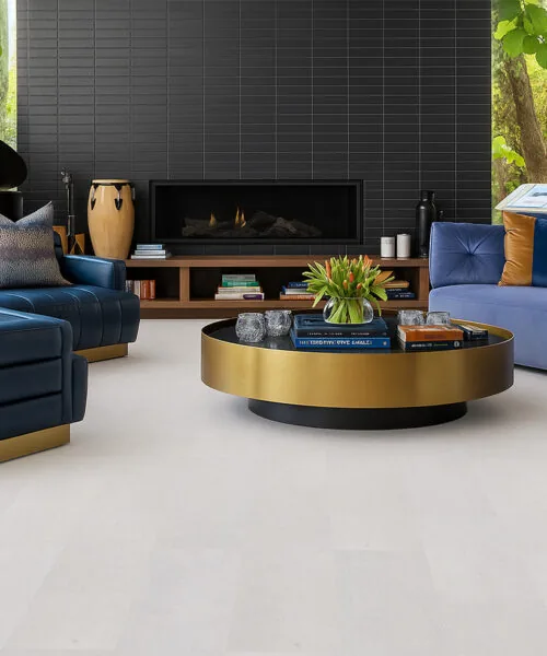 White Leather - 1/2&Quot; (12Mm) - Cork Floating (Fwl12) Modern Living Room With Navy Leather Chairs And Gold Coffee Table Featuring White Leather Cork Flooring — Elegant And Sustainable Design.