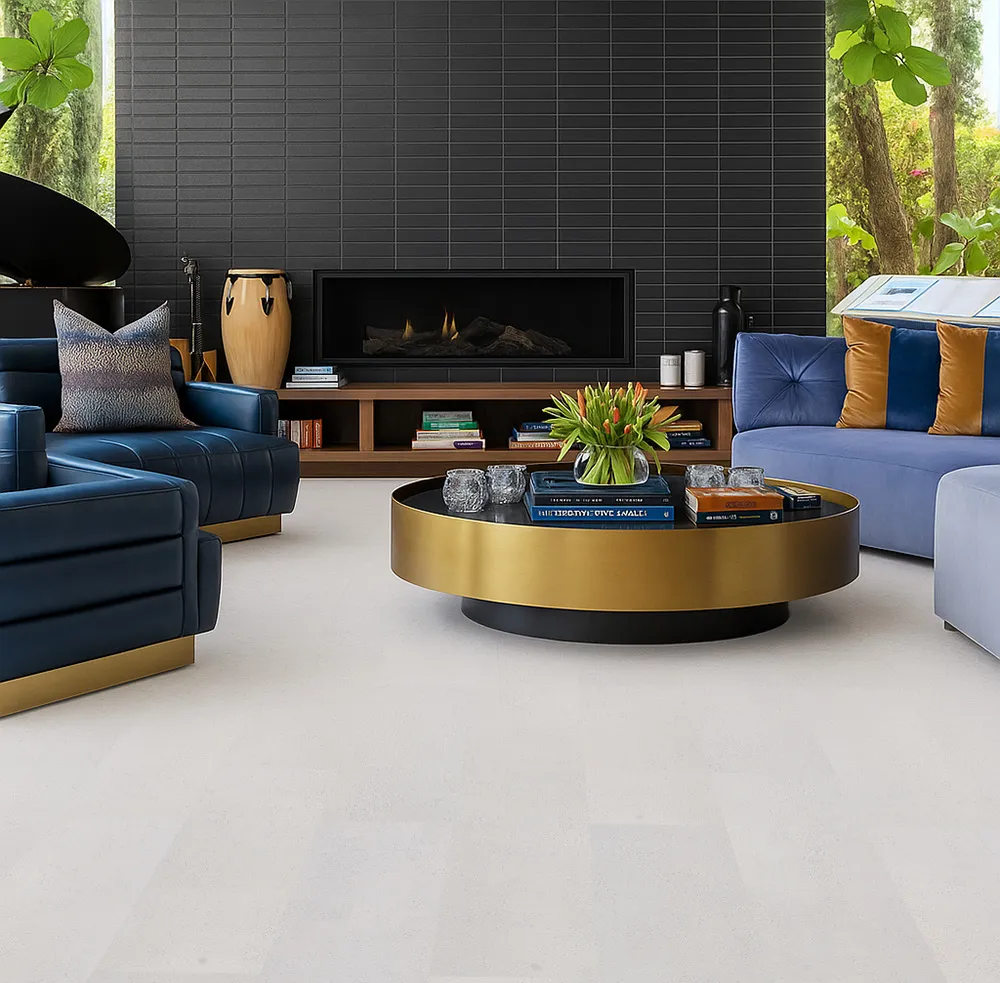 Modern Living Room With Navy Leather Chairs And Gold Coffee Table Featuring White Leather Cork Flooring — Elegant And Sustainable Design.