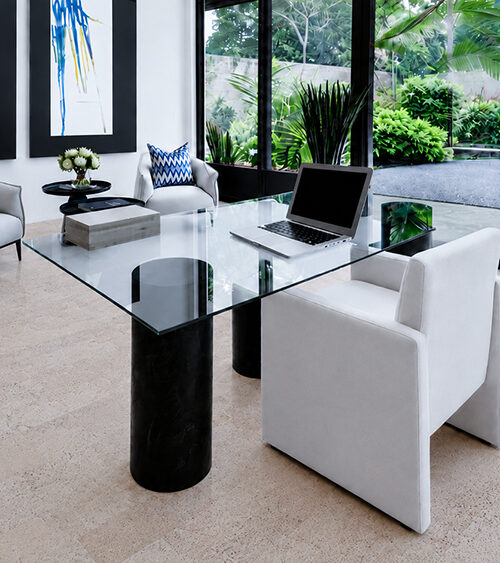Mystic Vanilla Swiss Real Cork Floating Flooring In A Modern Home Office With A Glass Desk And Armchairs.