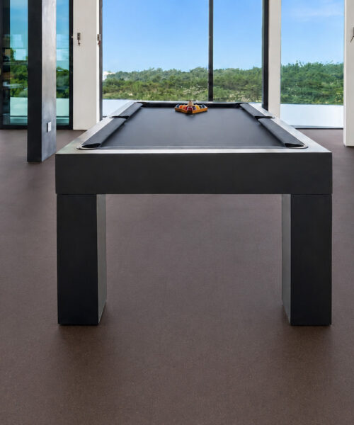 Night - 7/16&Quot; (11Mm) - Swiss Real Cork Floating (Fnig11) Night Black Cork Floor Planks Cover A Modern Game Room With A Pool Table And Mountain Views.