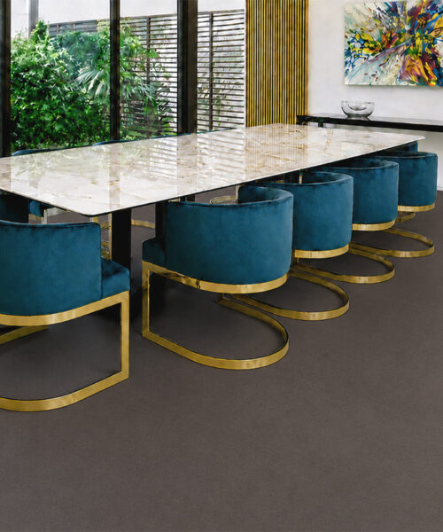 Night - 7/16&Quot; (11Mm) - Swiss Real Cork Floating (Fnig11) Night Natural Cork Flooring Complements A Marble Dining Table, Teal Chairs, And Gold Accents.