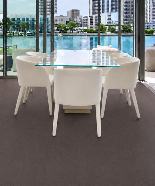 Night - 7/16&Quot; (11Mm) - Swiss Real Cork Floating (Fnig11) Night Natural Cork Flooring Runs Beneath White Dining Chairs Beside Glass Doors With City Waterfront Views.