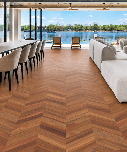 Usa'S Best Cork Flooring, Wall Tiles, Underlayment And More Noble Chevron Cork Flooring Connects Waterfront Living And Dining Areas Furnished With Cream Seating.