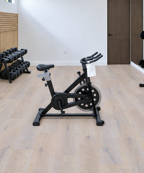 Nordic Oak - 3/8&Quot; (9.5Mm) - Forna Natural Composite Flooring With Waterproof Hydrowood Core (Nnoro9.5) Nordic Oak Waterproof Natural Composite Flooring Features Pale Wood Grain Beneath Exercise Equipment In A Home Gym.