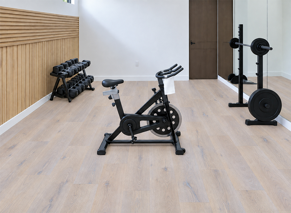 Nordic Oak - 3/8&Quot; (9.5Mm) - Forna Natural Composite Flooring With Waterproof Hydrowood Core (Nnoro9.5) Nordic Oak Waterproof Natural Composite Flooring Features Pale Wood Grain Beneath Exercise Equipment In A Home Gym.