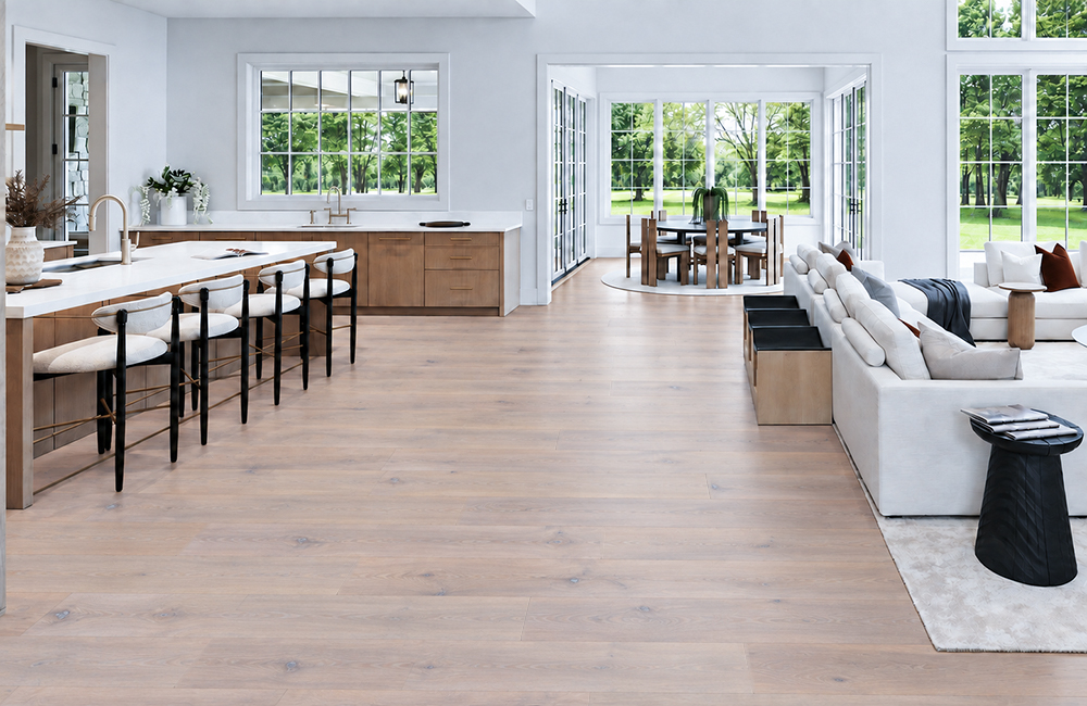 Nordic Oak - 3/8&Quot; (9.5Mm) - Forna Natural Composite Flooring With Waterproof Hydrowood Core (Nnoro9.5) Nordic Oak Light Gray Wood-Look Natural Composite Flooring Connects An Open Kitchen, Dining Area, And Living Room.