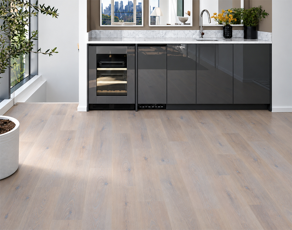 Nordic Oak - 3/8&Quot; (9.5Mm) - Forna Natural Composite Flooring With Waterproof Hydrowood Core (Nnoro9.5) Nordic Oak Natural Composite Click-Lock Flooring Shows Pale Gray Oak Grain Beside A Black-Cabinet Home Bar.