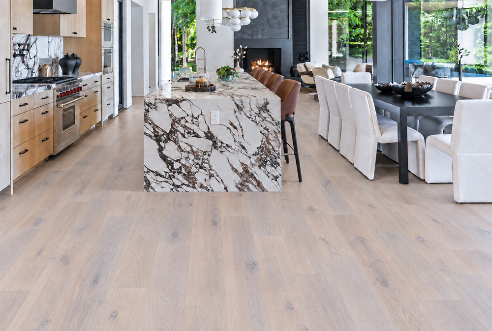 Nordic Oak - 3/8&Quot; (9.5Mm) - Forna Natural Composite Flooring With Waterproof Hydrowood Core (Nnoro9.5) Nordic Oak Scandinavian Wood-Look Natural Composite Flooring Unifies A Marble-Island Kitchen, Dining Room, And Fireplace Lounge.