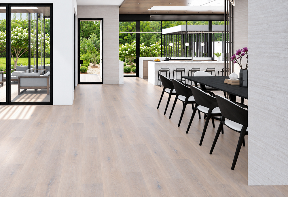 Nordic Oak - 3/8&Quot; (9.5Mm) - Forna Natural Composite Flooring With Waterproof Hydrowood Core (Nnoro9.5) Nordic Oak Waterproof Natural Composite Flooring With Light Oak Grain Extends Through A Garden-Facing Kitchen And Dining Room.