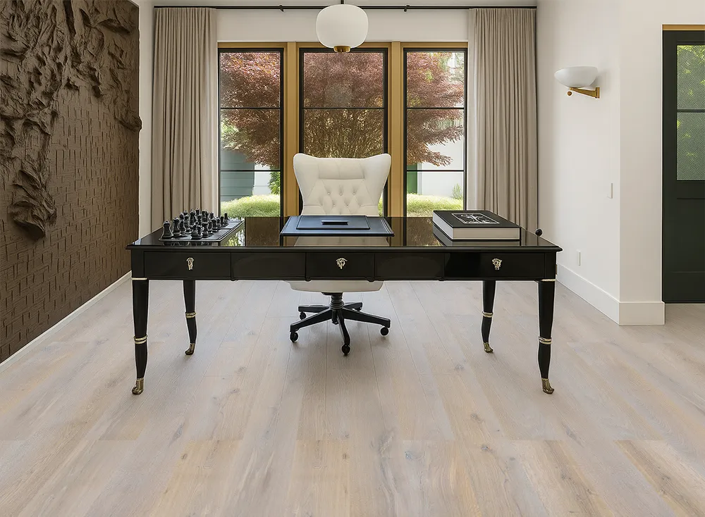 Nordic Oak - 3/8&Quot; (9.5Mm) - Forna Natural Composite Flooring With Waterproof Hydrowood Core (Nnoro9.5) Nordic Oak Natural Composite Flooring In An Elegant Home Office With A Black Desk And Classic Décor