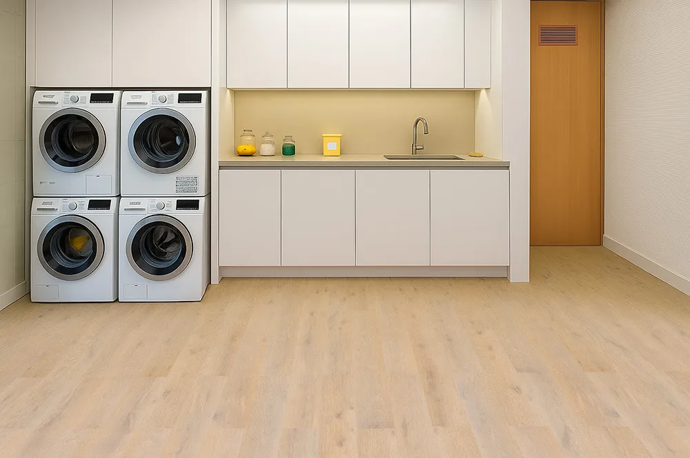Nordic Oak - 3/8&Quot; (9.5Mm) - Swiss Real Linoleum Hydrowood Core Waterproof Floating Flooring (Nnoro9.5) Nordic Oak Swiss Linoleum Floor In A Bright Laundry Room With White Cabinets And Stacked Machines.