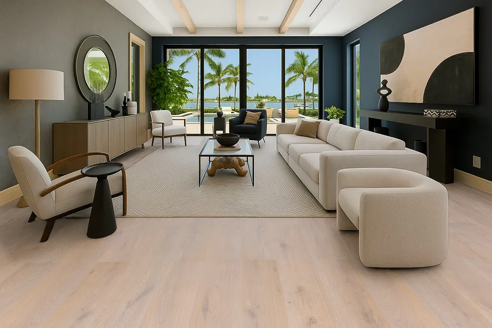 Nordic Oak - 3/8&Quot; (9.5Mm) - Swiss Real Linoleum Hydrowood Core Waterproof Floating Flooring (Nnoro9.5) Luxurious Living Room Showcasing Nordic Oak Swiss Real Linoleum Floating Flooring In Soft Natural Oak Color, Paired With Modern Beige Furniture And Large Windows Overlooking A Pool And Palm Trees.
