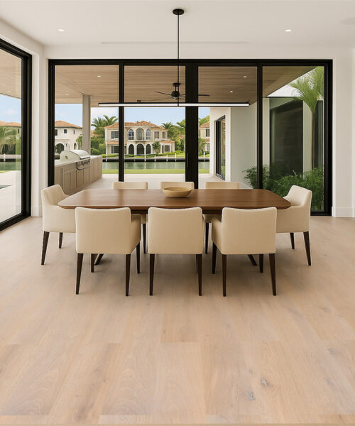 Nordic Oak - 3/8&Quot; (9.5Mm) - Swiss Real Linoleum Hydrowood Core Waterproof Floating Flooring (Nnoro9.5) Modern Dining Room Featuring Nordic Oak Swiss Real Linoleum Floating Flooring With Light Oak Tones, Large Planks, And A Bright Open-Concept Layout With Floor-To-Ceiling Windows.