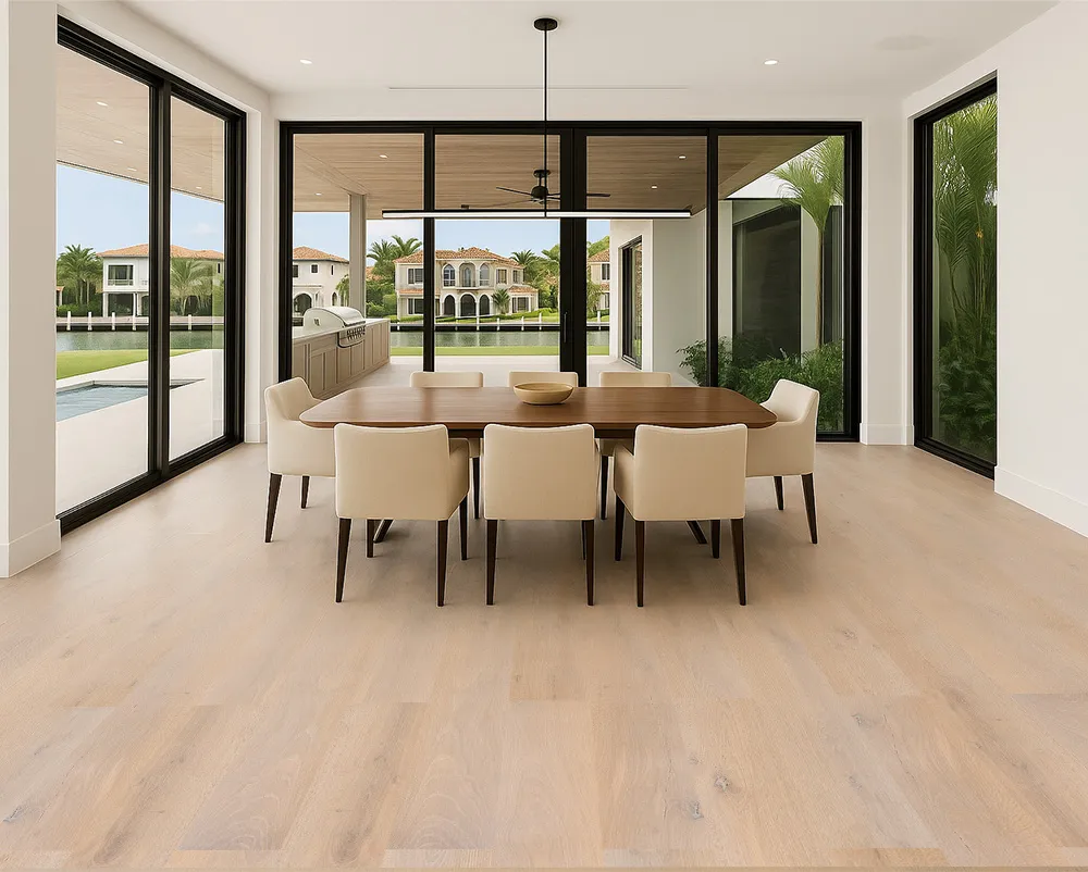 Nordic Oak - 3/8&Quot; (9.5Mm) - Swiss Real Linoleum Hydrowood Core Waterproof Floating Flooring (Nnoro9.5) Modern Dining Room Featuring Nordic Oak Swiss Real Linoleum Floating Flooring With Light Oak Tones, Large Planks, And A Bright Open-Concept Layout With Floor-To-Ceiling Windows.