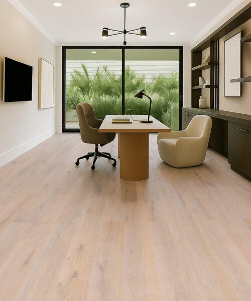 Nordic Oak - 3/8&Quot; (9.5Mm) - Swiss Real Linoleum Hydrowood Core Waterproof Floating Flooring (Nnoro9.5) Nordic Oak Linoleum Flooring In A Modern Home Office With Natural Oak Tones And Large Windows.