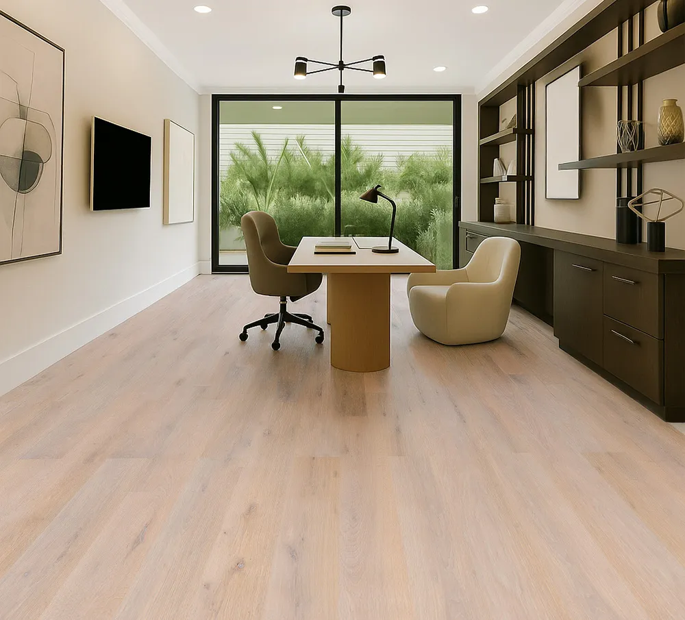Nordic Oak - 3/8&Quot; (9.5Mm) - Swiss Real Linoleum Hydrowood Core Waterproof Floating Flooring (Nnoro9.5) Nordic Oak Linoleum Flooring In A Modern Home Office With Natural Oak Tones And Large Windows.