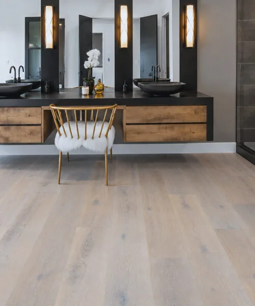 Nordic Oak - 3/8&Quot; (9.5Mm) - Forna Natural Composite Flooring With Waterproof Hydrowood Core (Nnoro9.5) Nordic Oak Forna Natural Composite Flooring In A Modern Bathroom With A Double Vanity And Glass Shower
