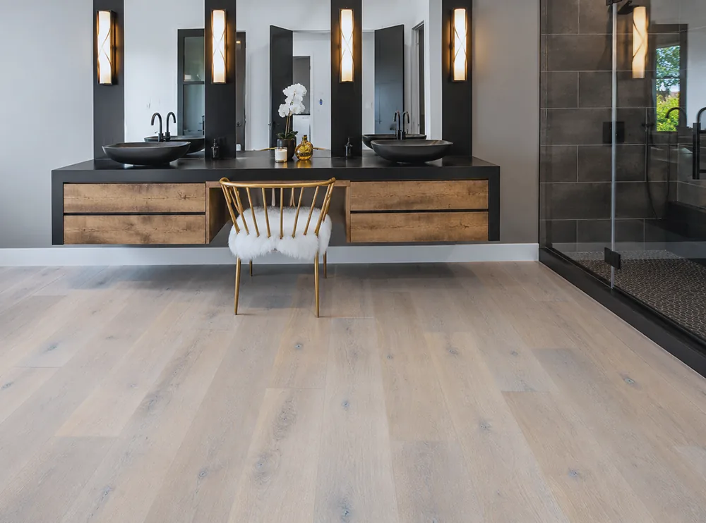 Nordic Oak - 3/8&Quot; (9.5Mm) - Forna Natural Composite Flooring With Waterproof Hydrowood Core (Nnoro9.5) Nordic Oak Forna Natural Composite Flooring In A Modern Bathroom With A Double Vanity And Glass Shower