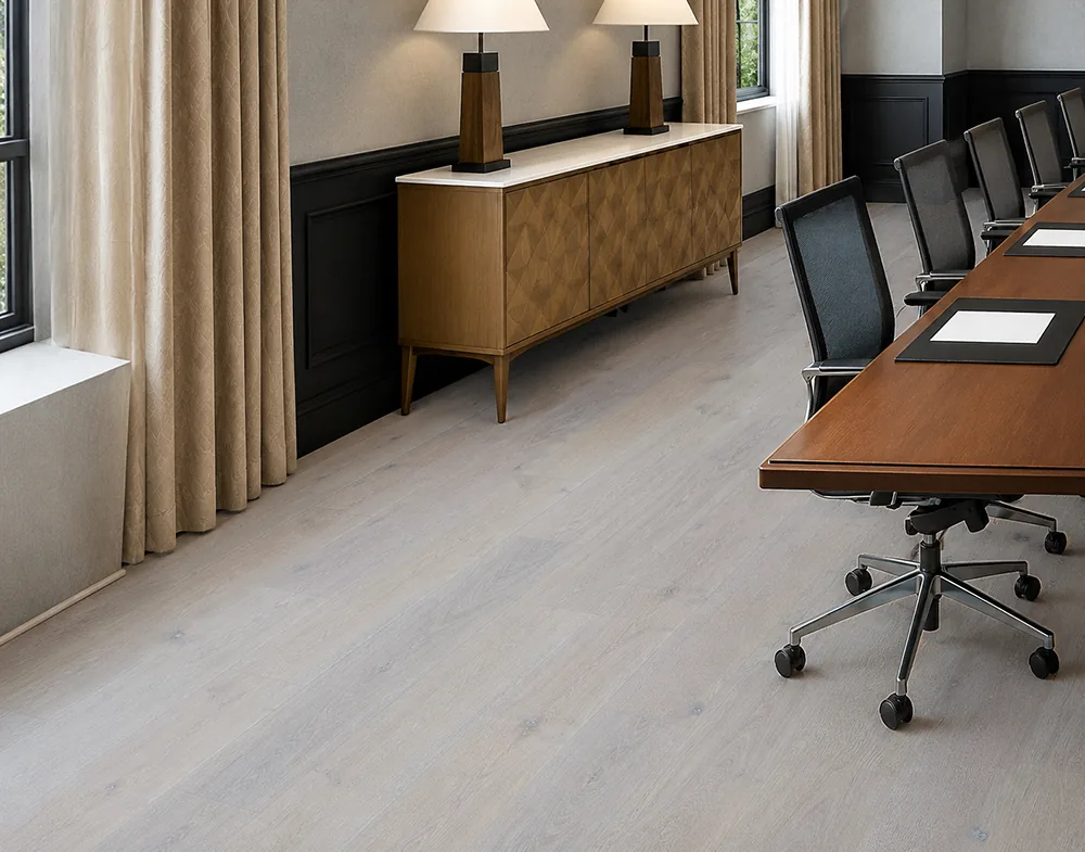 Nordic Oak - 3/8&Quot; (9.5Mm) - Forna Natural Composite Flooring With Waterproof Hydrowood Core (Nnoro9.5) Nordic Oak Forna Natural Composite Flooring In A Contemporary Conference Room With A Wood Meeting Table