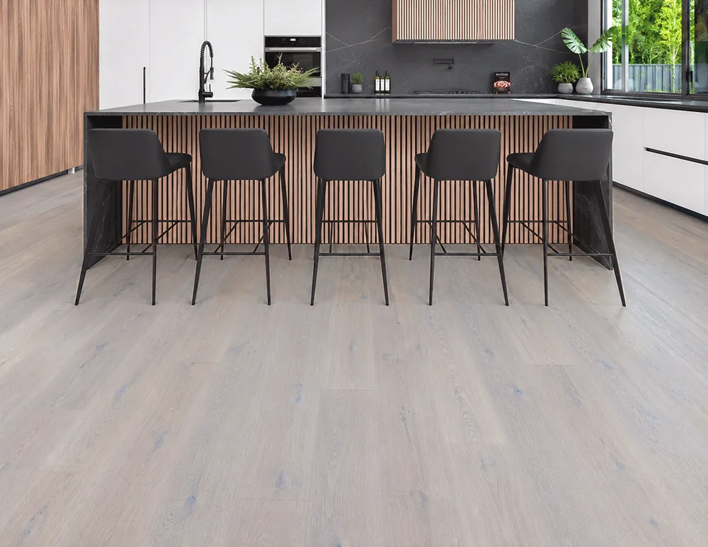 Nordic Oak - 3/8&Quot; (9.5Mm) - Forna Natural Composite Flooring With Waterproof Hydrowood Core (Nnoro9.5) Nordic Oak Forna Natural Composite Flooring In A Luxury Kitchen With A White Marble Island