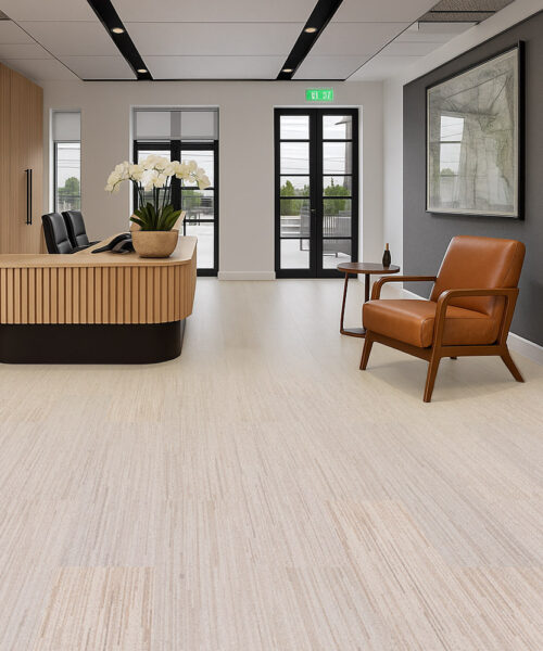 Vertical - 7/16&Quot; (11Mm) - Swiss Real Cork Floating (Fvtc11) Professional Office Reception With Light Wood Desk, Leather Chair, And Vertical Swiss Cork Flooring, Highlighting Modern Design And Acoustic Comfort.