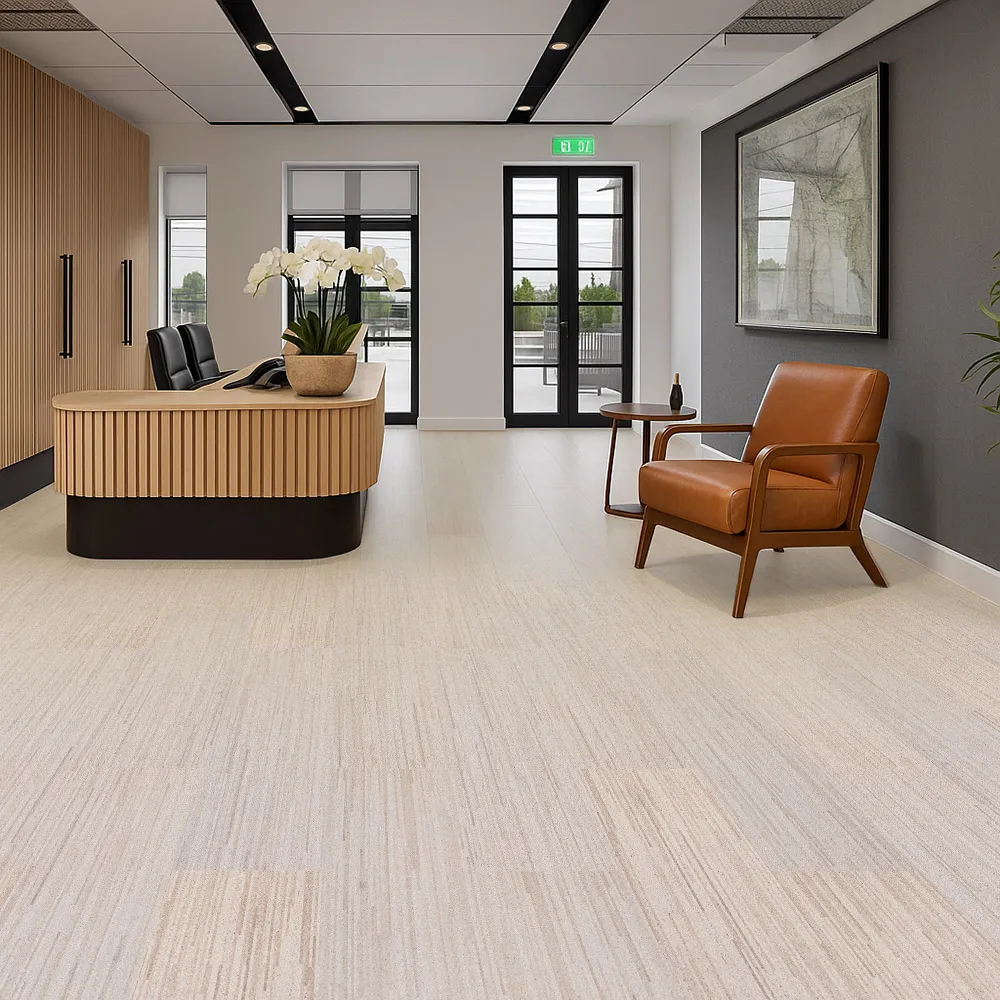 Vertical - 7/16&Quot; (11Mm) - Swiss Real Cork Floating (Fvtc11) Professional Office Reception With Light Wood Desk, Leather Chair, And Vertical Swiss Cork Flooring, Highlighting Modern Design And Acoustic Comfort.