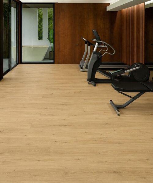 Long Beach - 7/16&Quot; (11Mm) - Swiss Design Floating (Flb11) Contemporary Home Gym With Long Beach Swiss Design Cork Floating Flooring In A Natural Light Oak Finish And Premium Fitness Equipment.