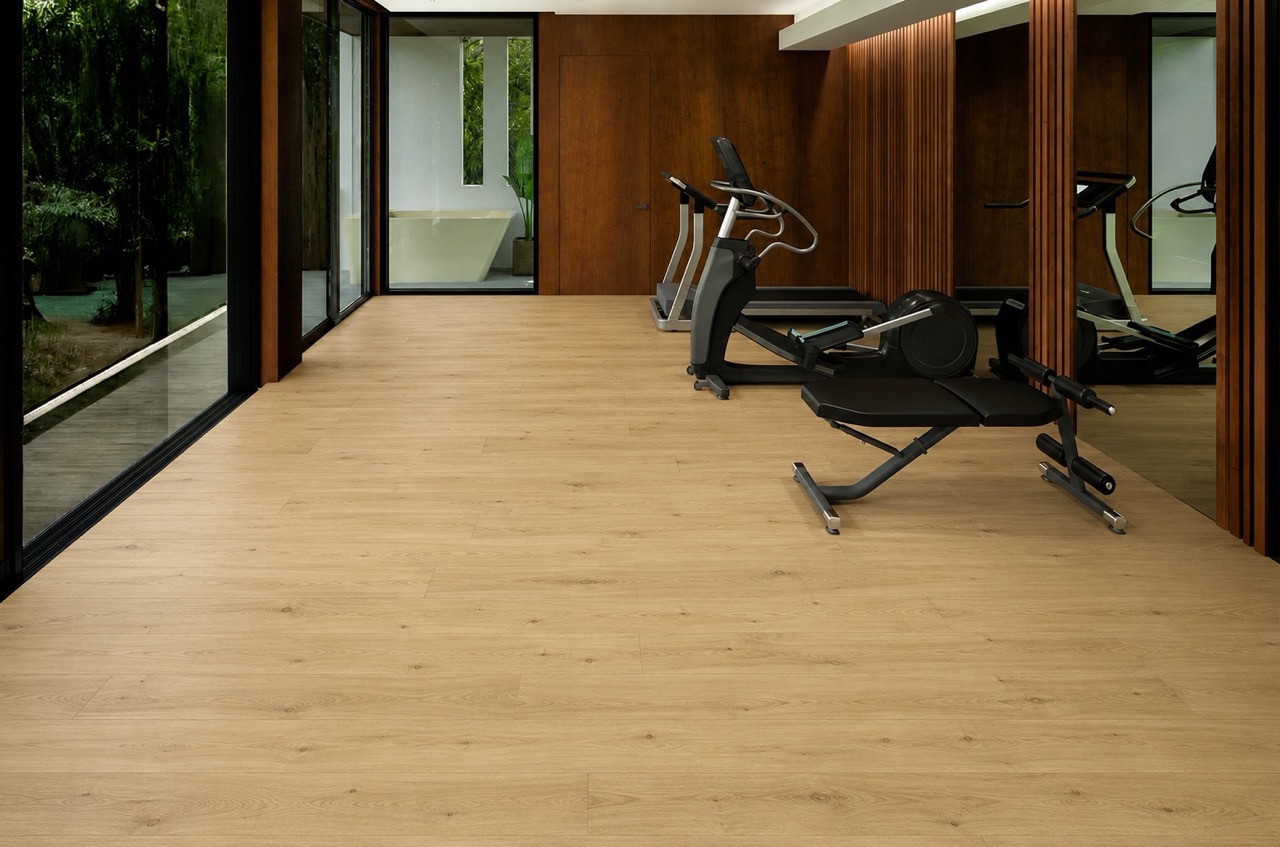 Long Beach - 7/16&Quot; (11Mm) - Swiss Design Floating (Flb11) Contemporary Home Gym With Long Beach Swiss Design Cork Floating Flooring In A Natural Light Oak Finish And Premium Fitness Equipment.