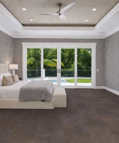 Modern bedroom interior with Onxy Swiss cork flooring,