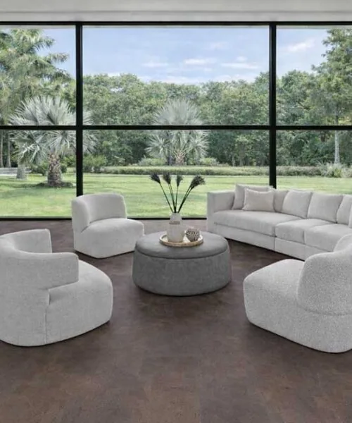 Onyx - 7/16&Quot; (11Mm) - Swiss Real Cork Floating (Fox11) Bright Living Room With Large Windows And Onxy Swiss Cork Flooring, Modern Eco-Friendly Cork Flooring.