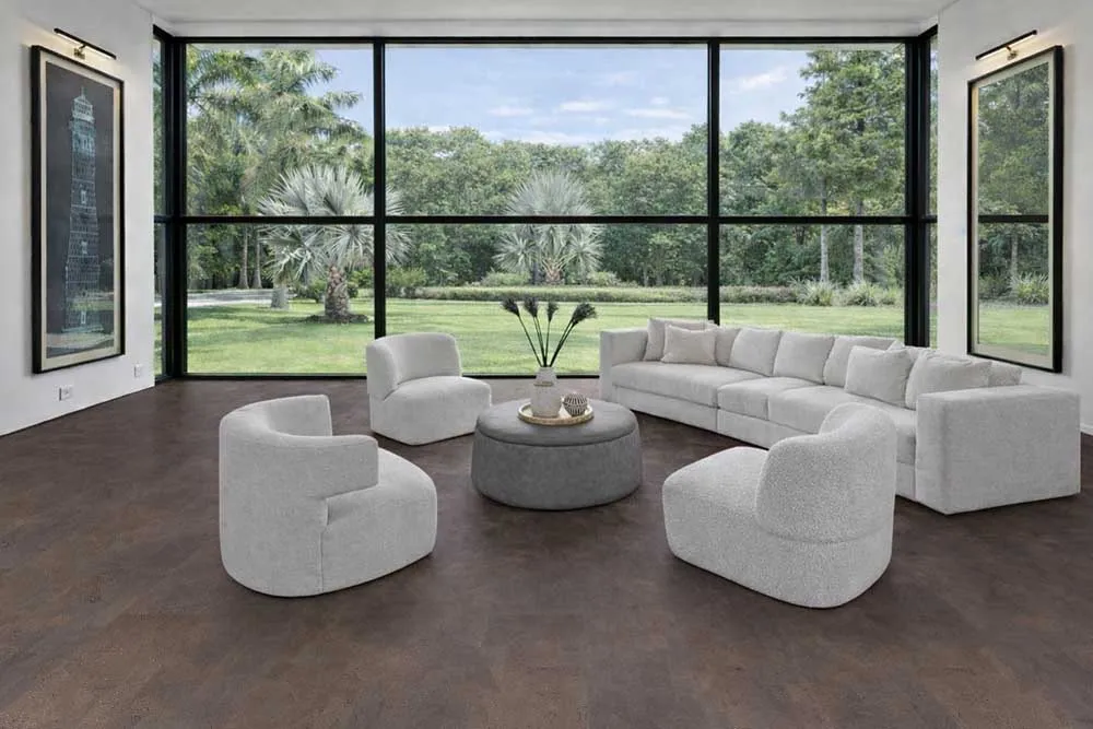 Onyx - 7/16&Quot; (11Mm) - Swiss Real Cork Floating (Fox11) Bright Living Room With Large Windows And Onxy Swiss Cork Flooring, Modern Eco-Friendly Cork Flooring.