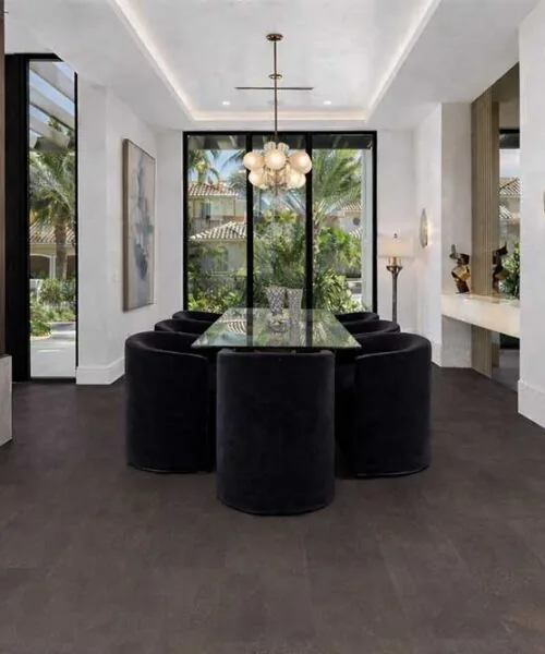 Onyx - 7/16&Quot; (11Mm) - Swiss Real Cork Floating (Fox11) Luxury Dining Room Interior Featuring Onxy Swiss Cork Flooring, Modern Furniture And Large Glass Doors.