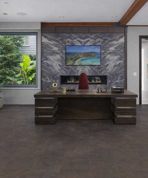 Onyx - 7/16&Quot; (11Mm) - Swiss Real Cork Floating (Fox11) Modern Executive Office Interior With Onxy Swiss Cork Flooring, Fireplace Feature Wall And Contemporary Workspace.