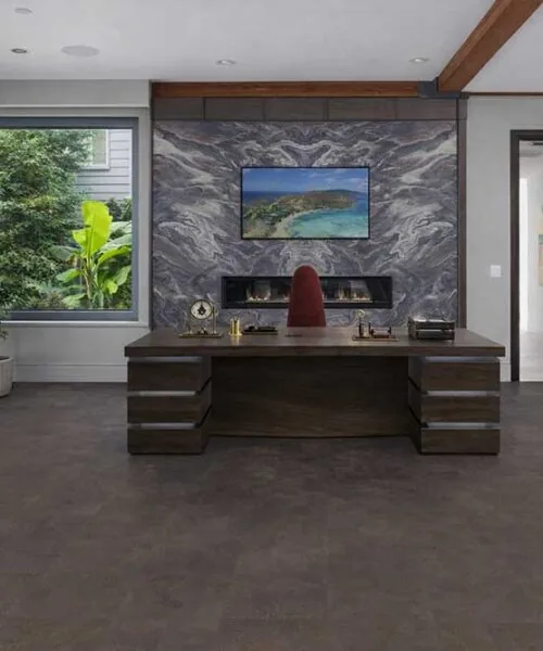 Onyx - 7/16&Quot; (11Mm) - Swiss Real Cork Floating (Fox11) Modern Executive Office Interior With Onxy Swiss Cork Flooring, Fireplace Feature Wall And Contemporary Workspace.