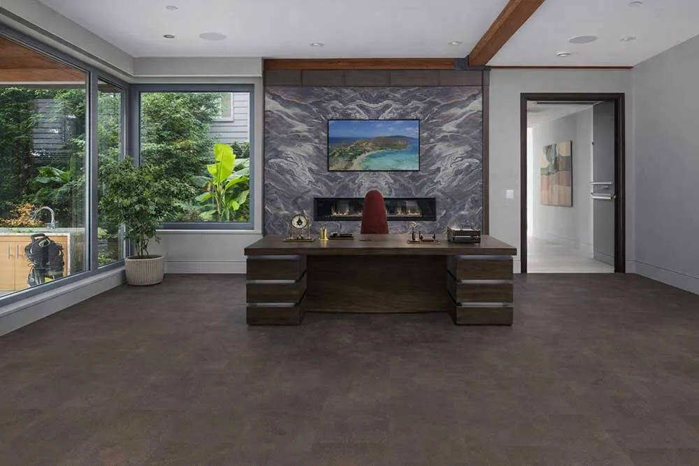 Onyx - 7/16&Quot; (11Mm) - Swiss Real Cork Floating (Fox11) Modern Executive Office Interior With Onxy Swiss Cork Flooring, Fireplace Feature Wall And Contemporary Workspace.