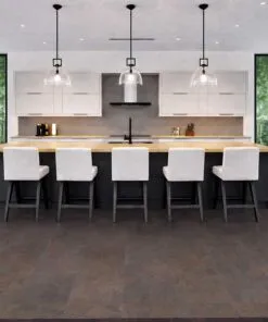 Onyx - 7/16&Quot; (11Mm) - Swiss Real Cork Floating (Fox11) Modern White Kitchen With Island Seating Installed Over Onxy Swiss Cork Flooring, Durable And Stylish Natural Cork Floor