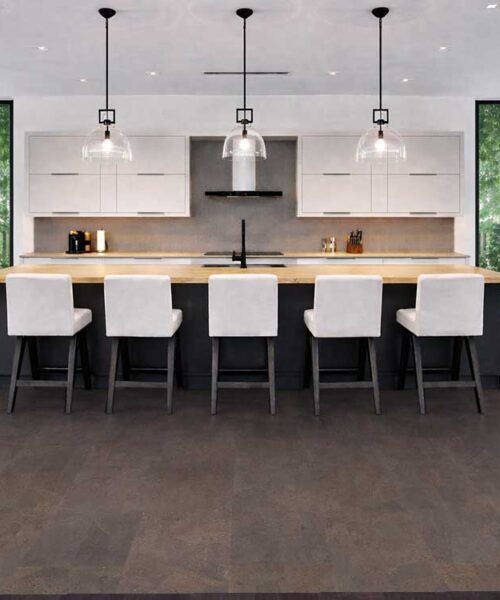 Onyx - 7/16&Quot; (11Mm) - Swiss Real Cork Floating (Fox11) Modern White Kitchen With Island Seating Installed Over Onxy Swiss Cork Flooring, Durable And Stylish Natural Cork Floor