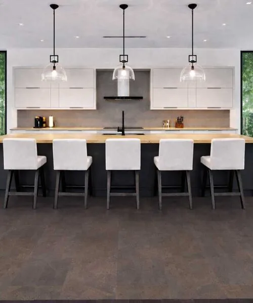 Onyx - 7/16&Quot; (11Mm) - Swiss Real Cork Floating (Fox11) Modern White Kitchen With Island Seating Installed Over Onxy Swiss Cork Flooring, Durable And Stylish Natural Cork Floor