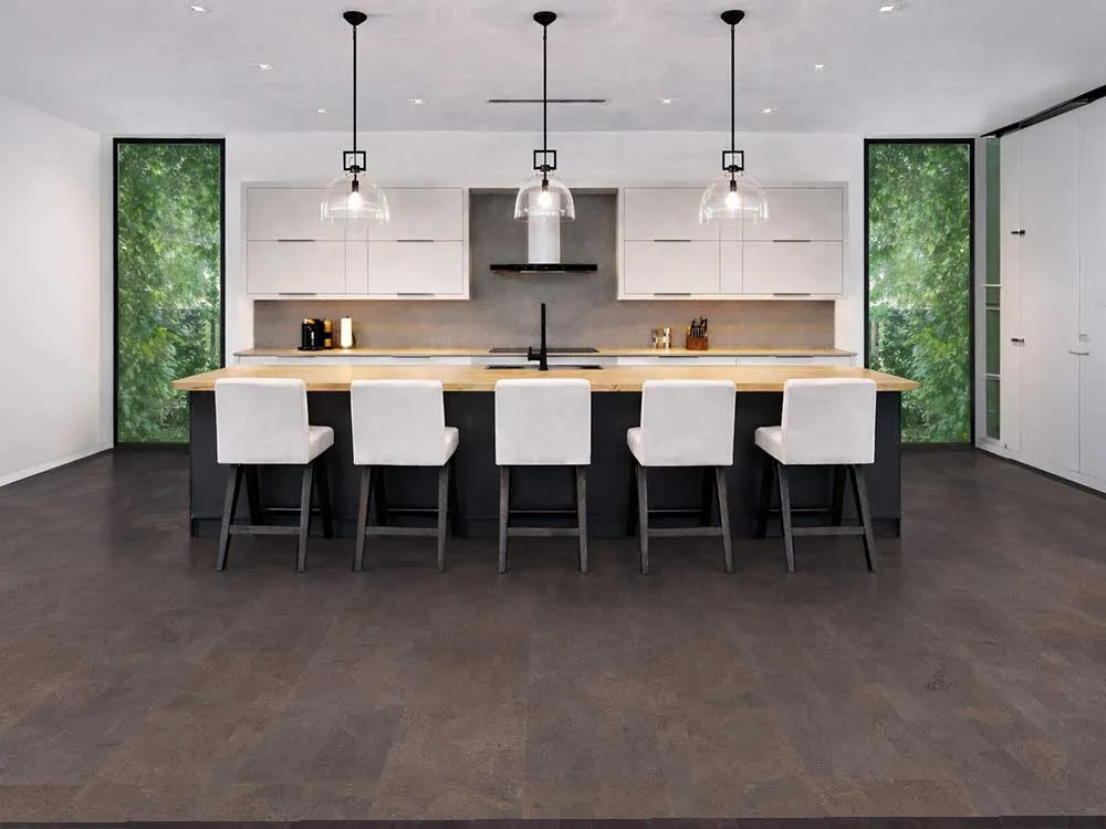 Onyx - 7/16&Quot; (11Mm) - Swiss Real Cork Floating (Fox11) Modern White Kitchen With Island Seating Installed Over Onxy Swiss Cork Flooring, Durable And Stylish Natural Cork Floor
