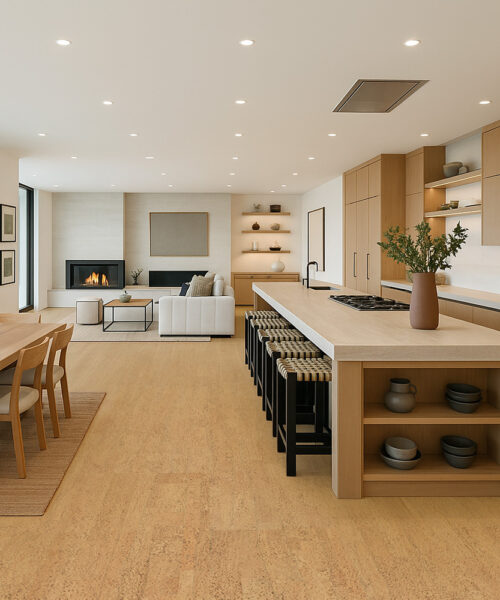 Bright Dining And Kitchen Area With Rhythm Swiss Cork Flooring, Blending Natural Textures With Scandinavian Wood Cabinetry.