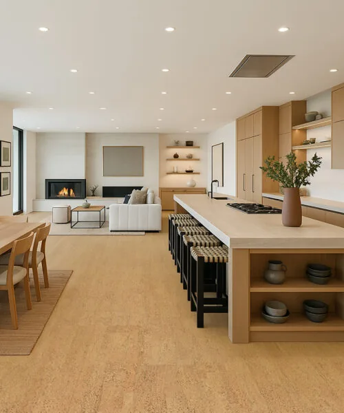 Rhythm – 7/16″ (11Mm) – Swiss Real Cork Floating (Frhy11) Bright Dining And Kitchen Area With Rhythm Swiss Cork Flooring, Blending Natural Textures With Scandinavian Wood Cabinetry.