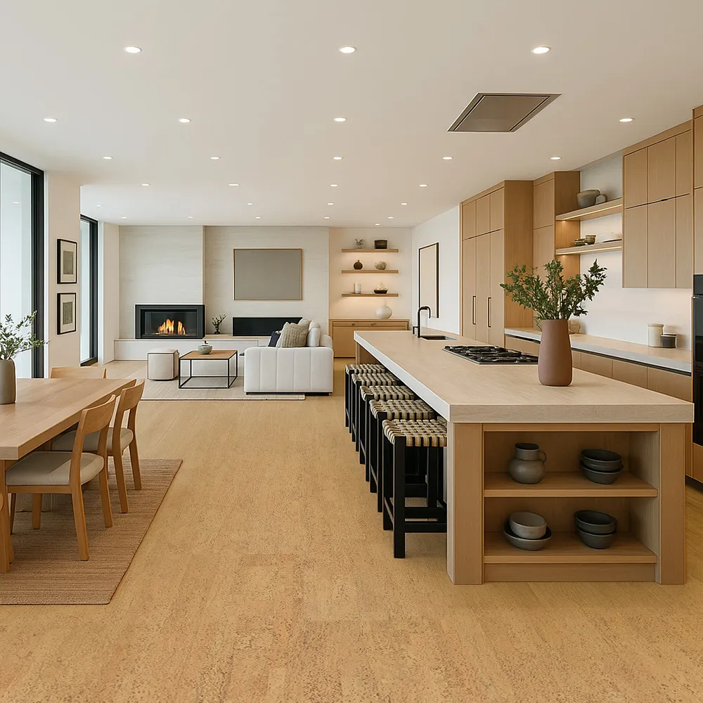 Bright Dining And Kitchen Area With Rhythm Swiss Cork Flooring, Blending Natural Textures With Scandinavian Wood Cabinetry.