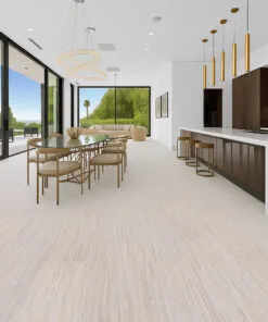 Bright Open Dining Area With Panoramic Windows And Vertical Swiss Cork Flooring, Blending Minimalist Style With Durability And Comfort Underfoot.