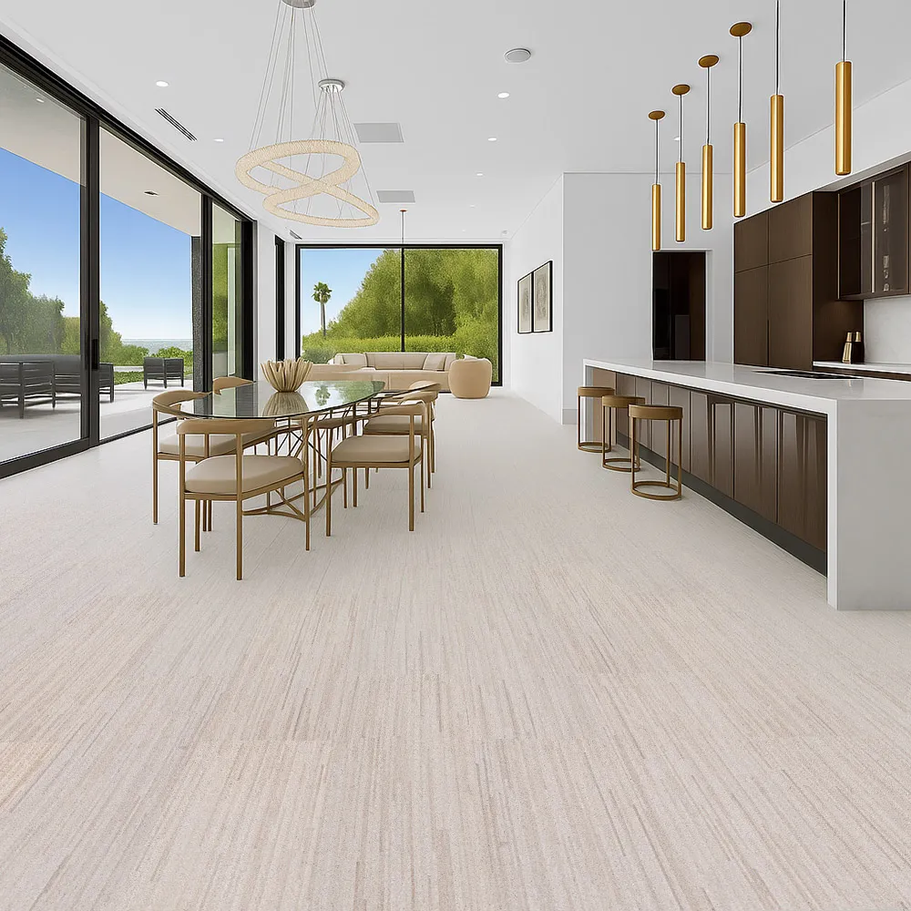 Vertical - 7/16&Quot; (11Mm) - Swiss Real Cork Floating (Fvtc11) Bright Open Dining Area With Panoramic Windows And Vertical Swiss Cork Flooring, Blending Minimalist Style With Durability And Comfort Underfoot.