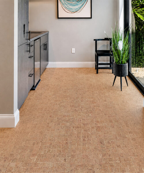 Light Tan Parcork Floating Cork Flooring With A Subtle Block Pattern In A Modern Hallway.