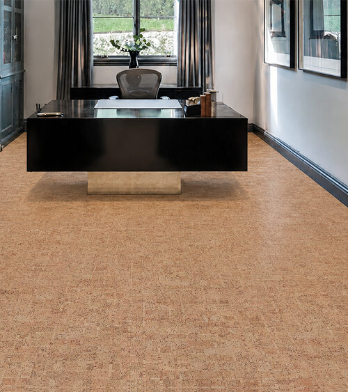 Parcork Floating Cork Flooring With Natural Tan Texture Surrounds A Black Desk In A Home Office.