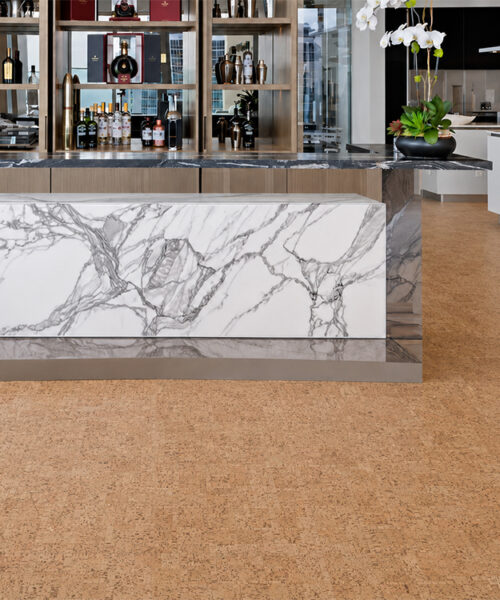 Natural Parcork Floating Cork Flooring Extends Through A Modern Home Bar And Adjoining Kitchen.