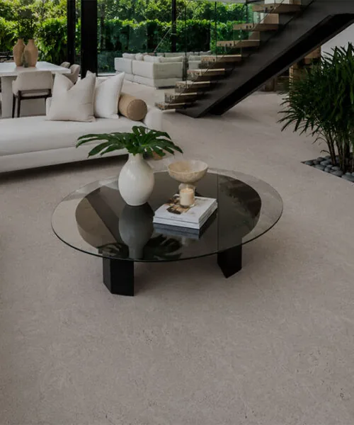 Porto Mist - 7/16&Quot; (11Mm) - Swiss Real Cork Floating (Fpm11) Porto Mist Swiss Real Cork Floating Flooring In A Luxury Open Concept Living Room With Panoramic Windows